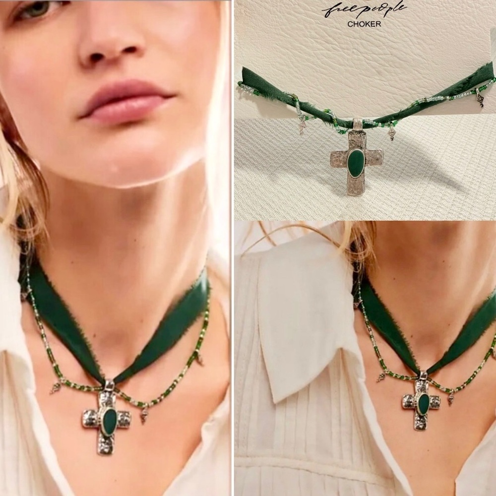 New Free People Lola Emerald Chocker Cross Necklace